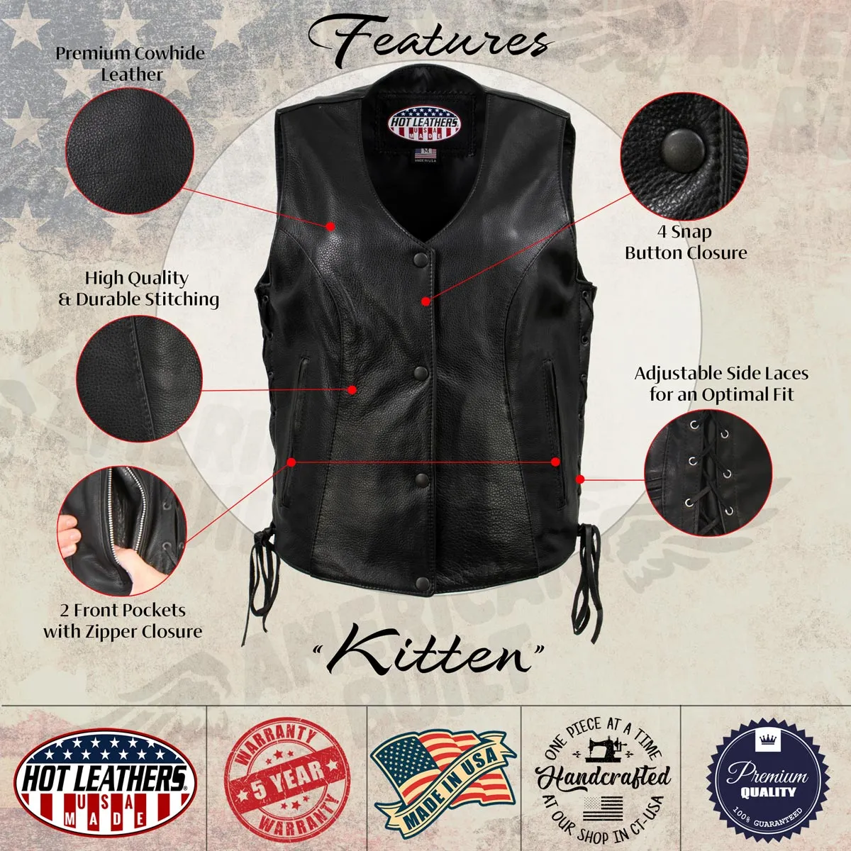 Hot Leathers VSL5002 USA Made Women's 'Kitten' Black Leather Motorcycle Vest with Side Laces