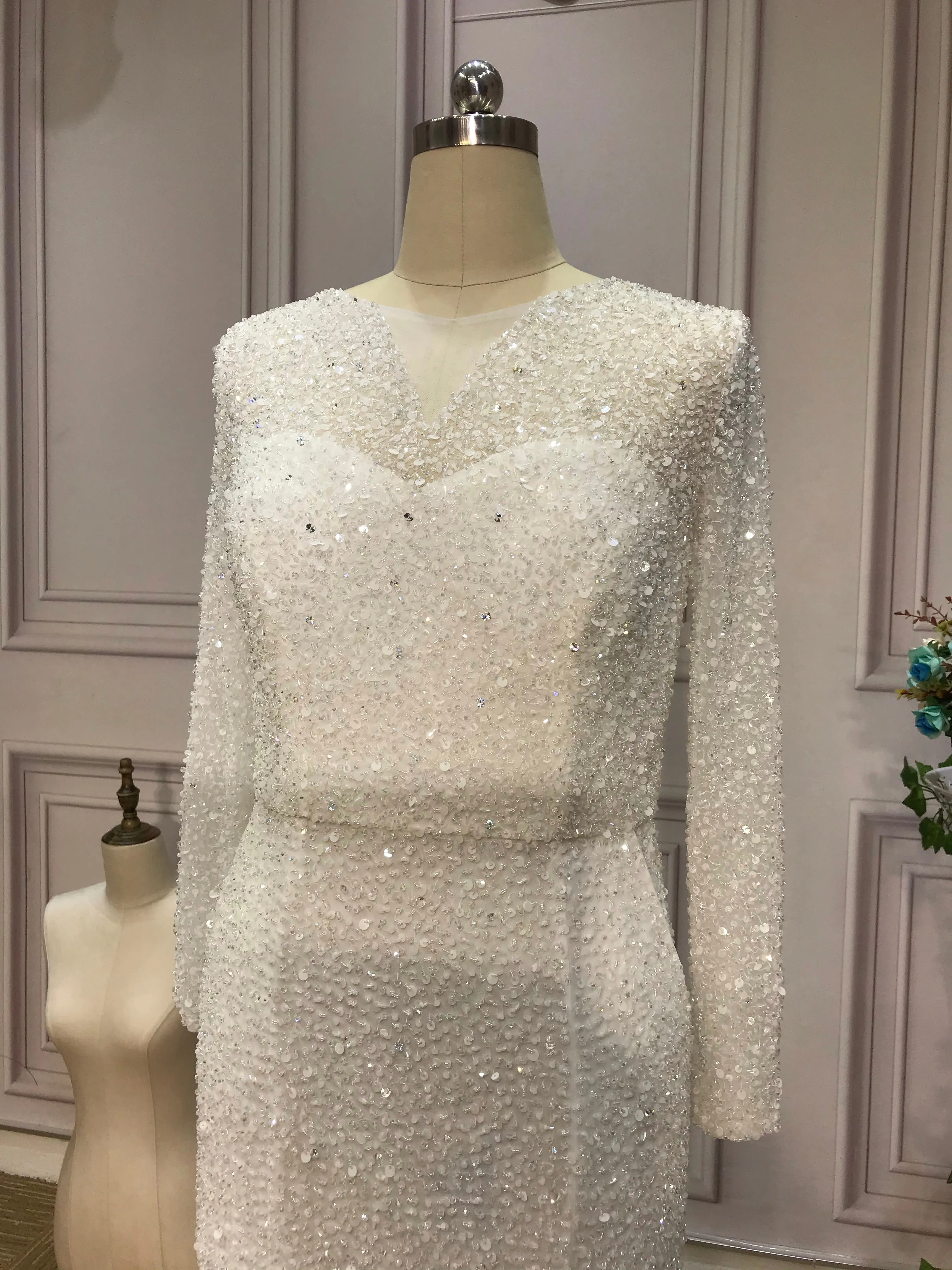 Ivory crystals sequins all handmade beaded long sleeves mermaid engagement prom dresses 2020