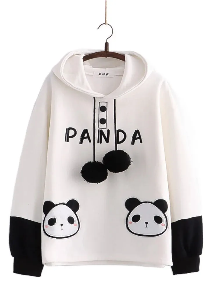 Kawaii Panda Embroidery Women Hoodies Chic Drawstring Harajuku Hooded Sweatshirts Winter Long Sleeve Female Sweet Tops