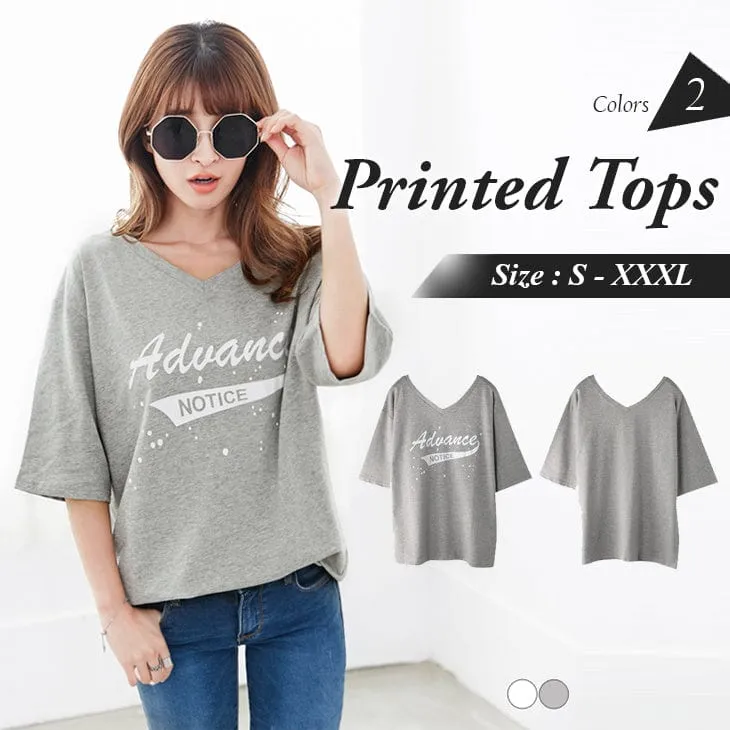 LETTERS PRINTED LOOSE V COLLAR TOPS