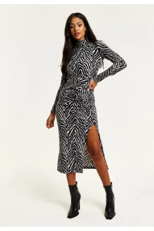 Liquorish Brushed Knit Mono Zebra Print Midi Dress With Front Slit