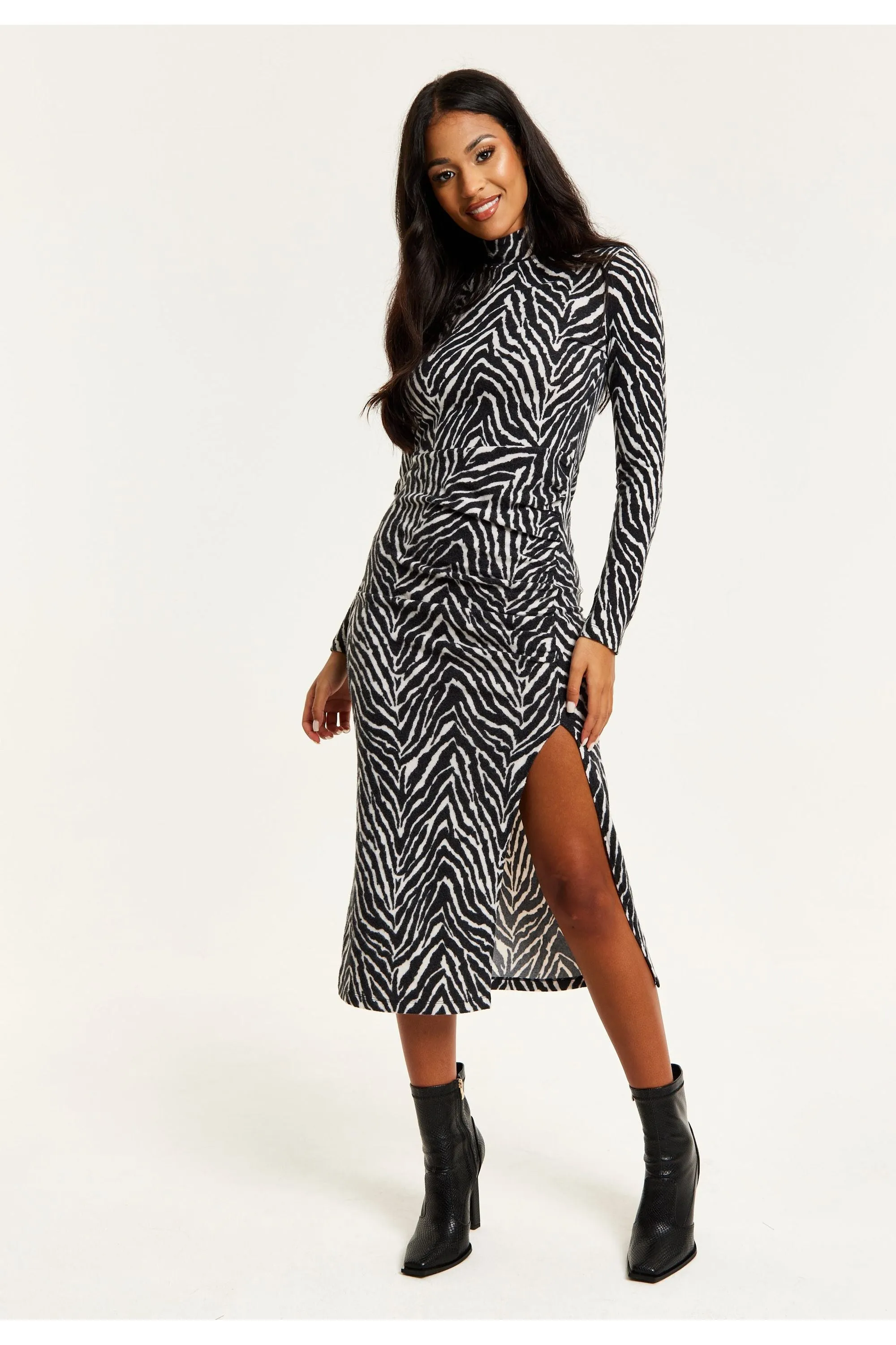 Liquorish Brushed Knit Mono Zebra Print Midi Dress With Front Slit