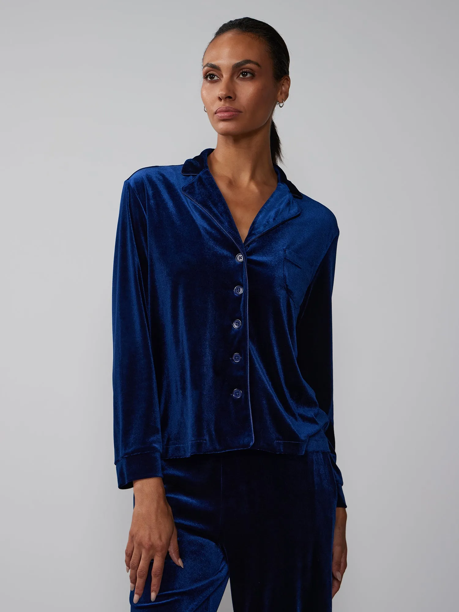 Long Sleeve Button Down Velour Top