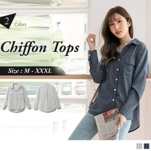 LONG SLEEVE STRIPED BUCKLE CHIFFON TOPS