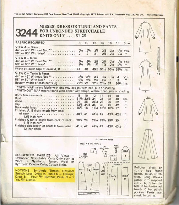 McCall's 3244 Misses Dress or Tunic and Pants Vintage 1970's