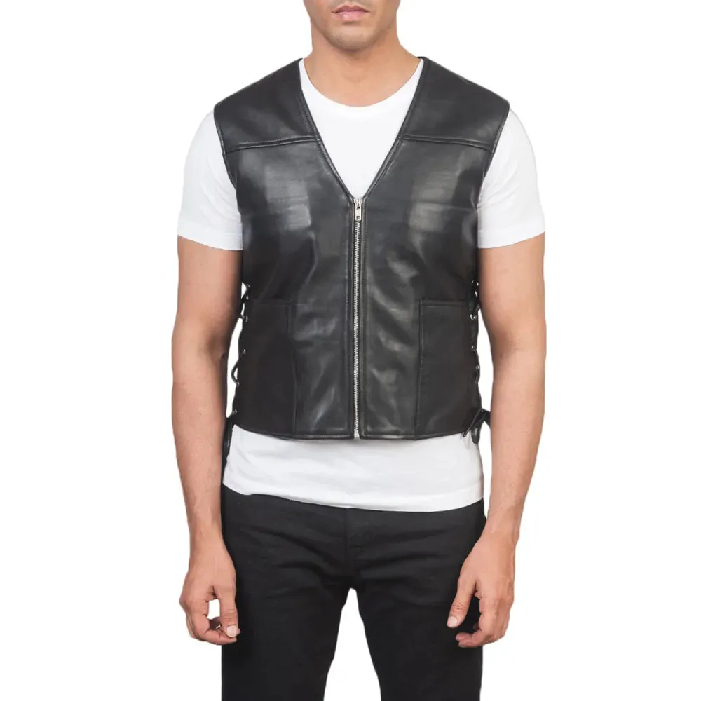 Mens Black Zip Up Leather Vest