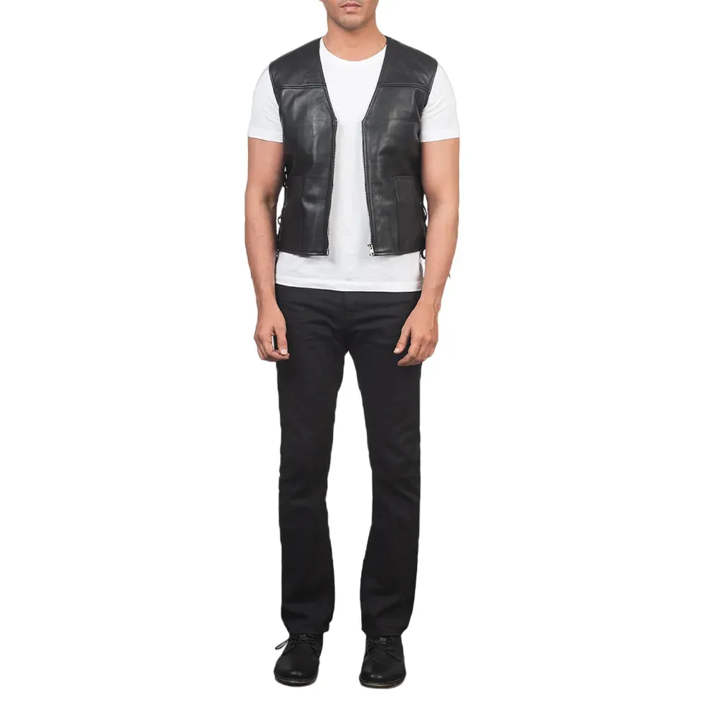 Mens Black Zip Up Leather Vest