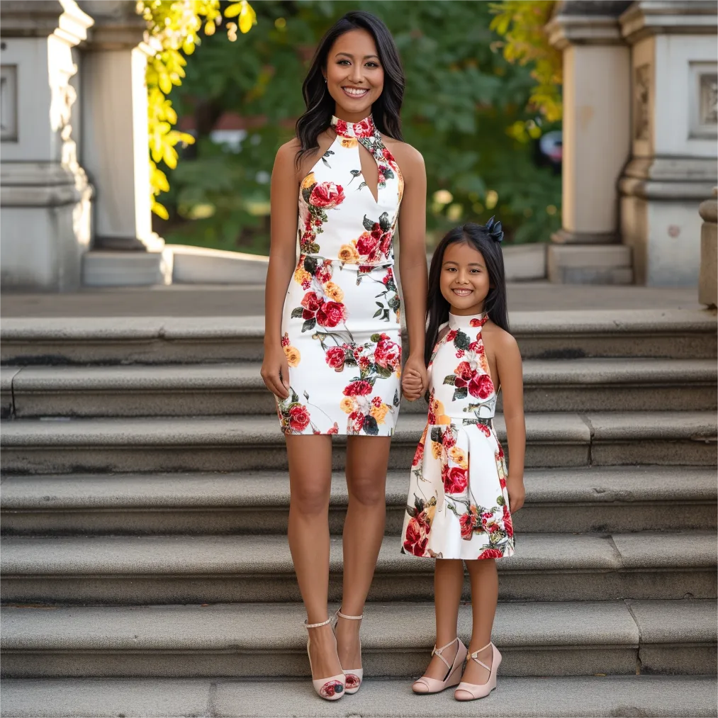 Mom and Daughter Matching Flower Print Halter Dress