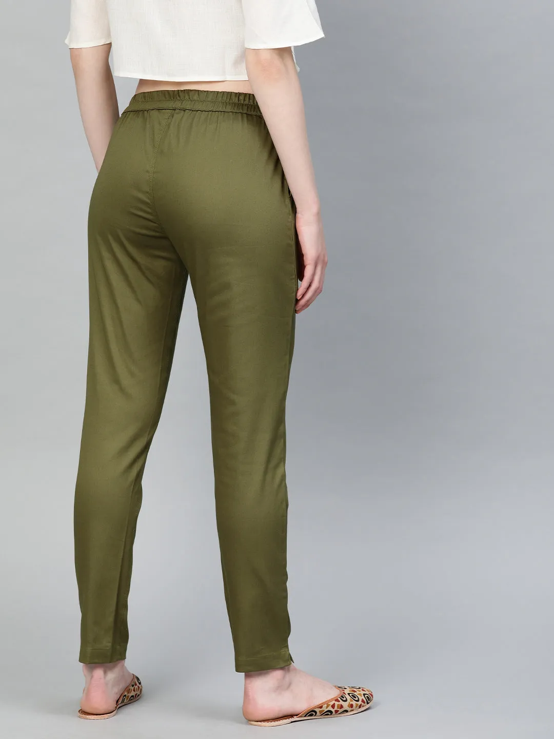 Olive Green Solid Cotton Lycra Pants