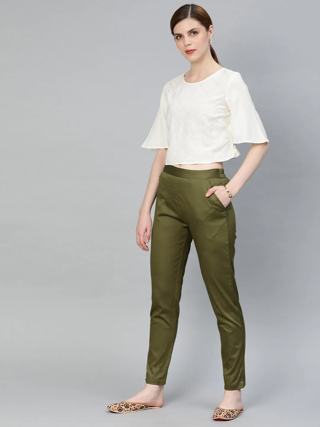 Olive Green Solid Cotton Lycra Pants