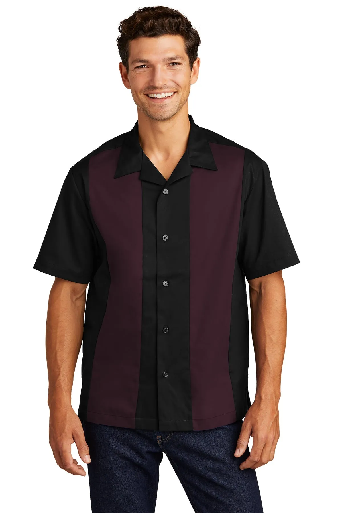 Port Authority Retro Branded Camp Shirts, Black/Burgundy