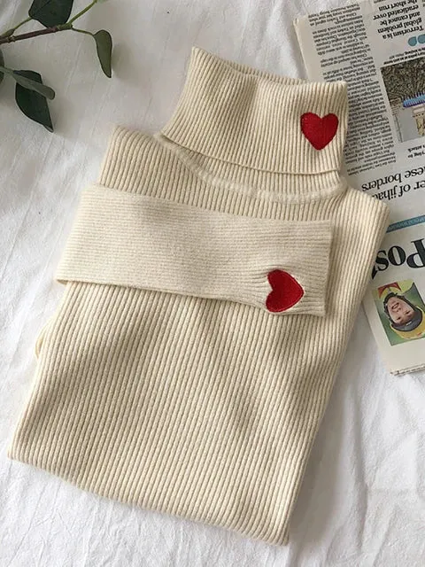 Pre Order:  Hearts Turtleneck Ribbed Knitted Sweater