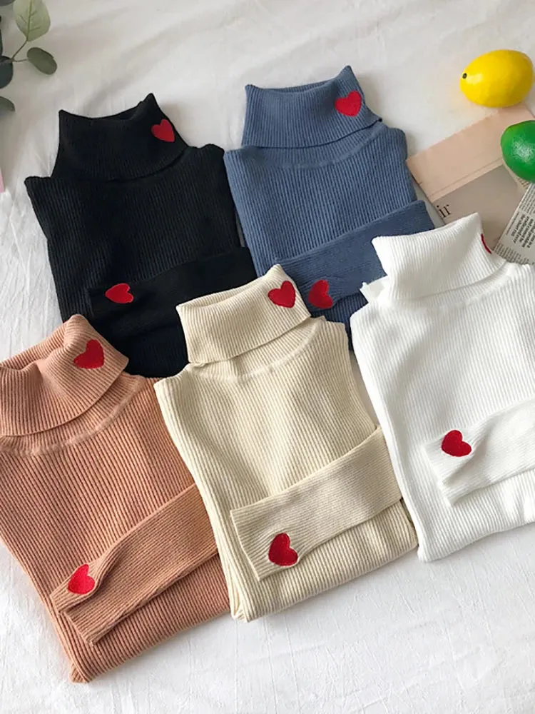 Pre Order:  Hearts Turtleneck Ribbed Knitted Sweater