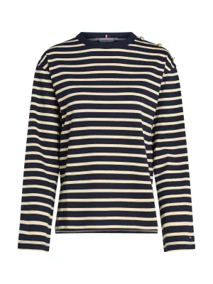 Relaxed Gold Button Stripe C-Neck LS Top