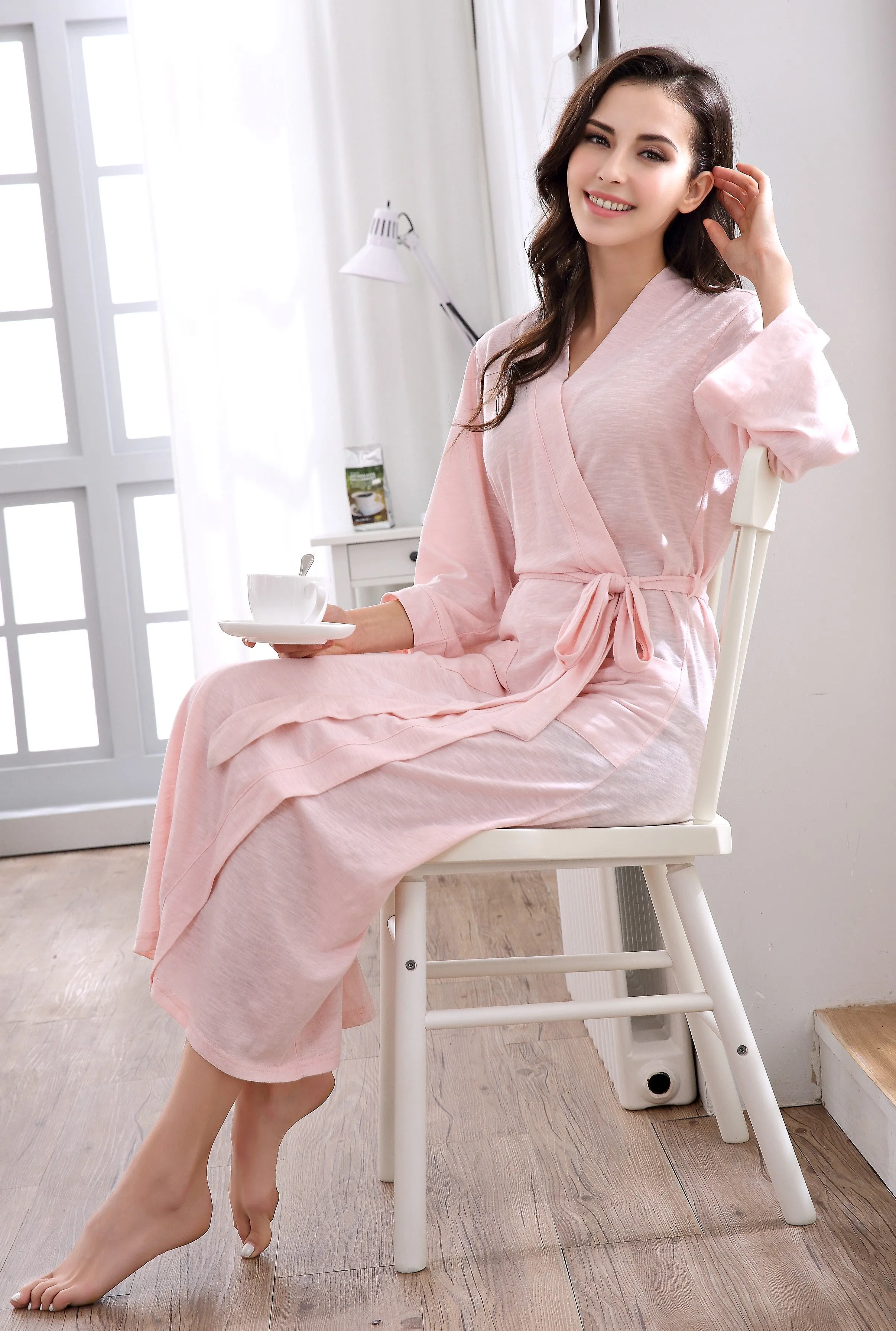 Richie House Kimono Cotton Robe Long Belted Robe Dressing Gown Lounge Night Spa RHW2824