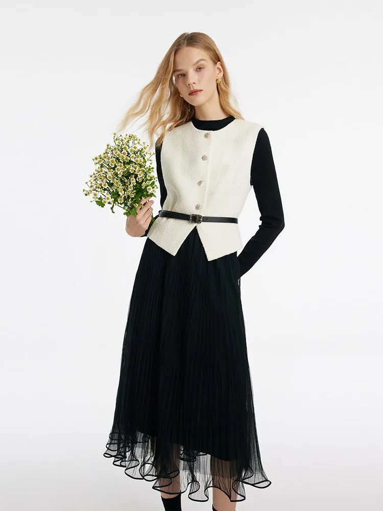 Sheath Sweater And Tulle Skirt And Vest Three-Piece Set With Belt