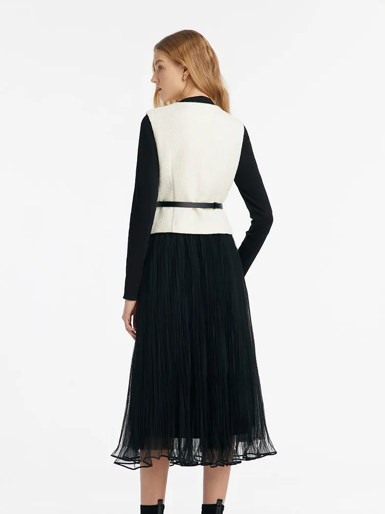 Sheath Sweater And Tulle Skirt And Vest Three-Piece Set With Belt