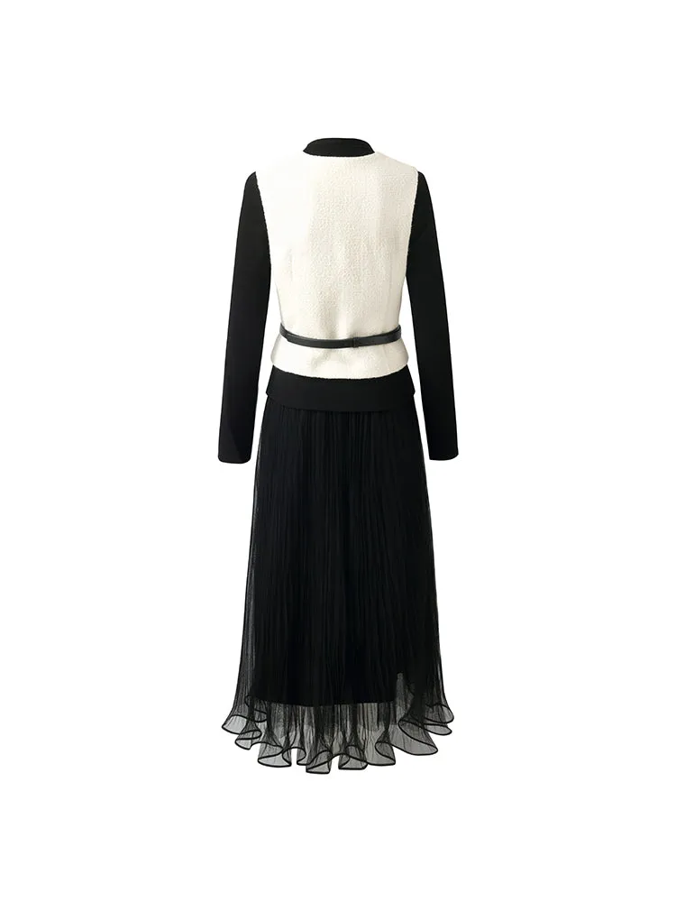 Sheath Sweater And Tulle Skirt And Vest Three-Piece Set With Belt