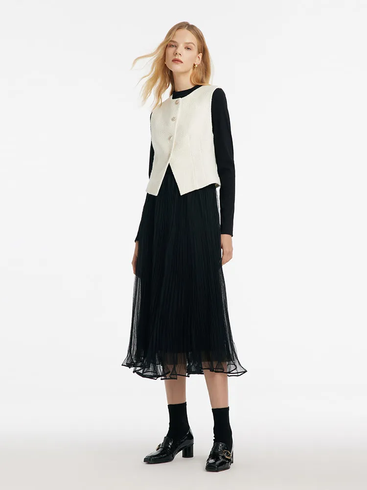 Sheath Sweater And Tulle Skirt And Vest Three-Piece Set With Belt