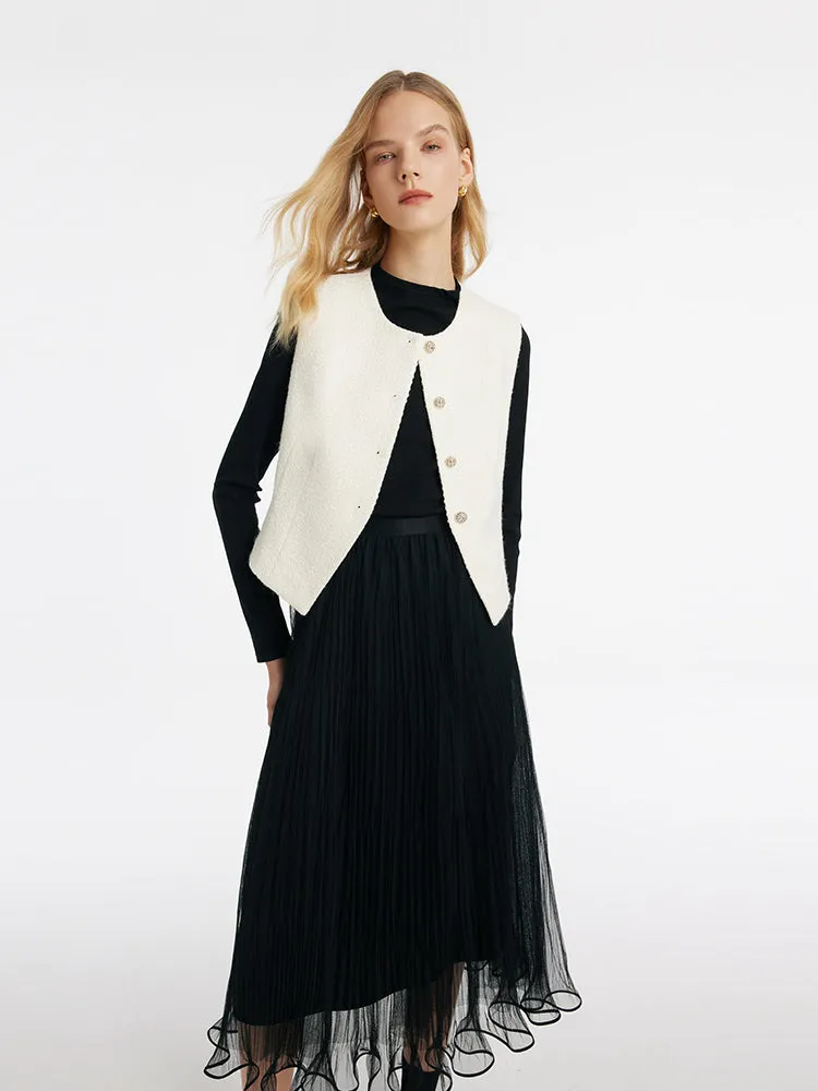 Sheath Sweater And Tulle Skirt And Vest Three-Piece Set With Belt