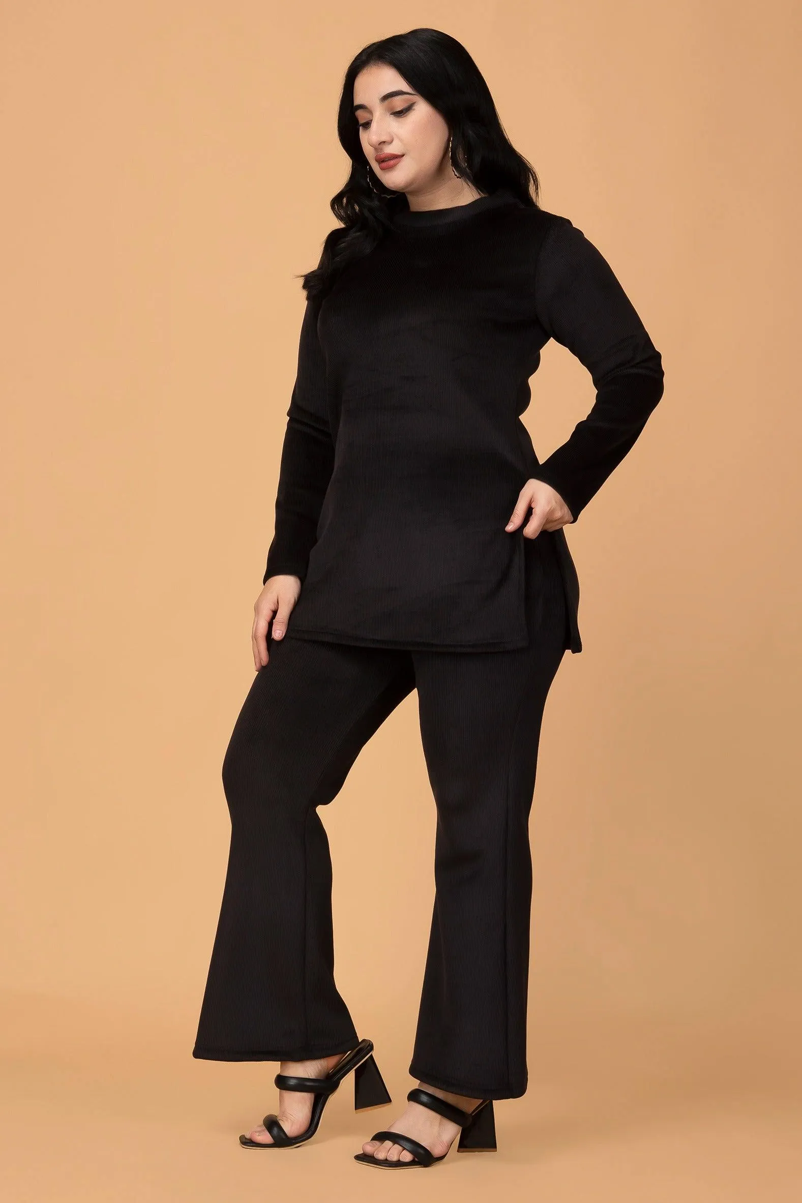 Solid Ribbed Knit Co-ord Set-Black