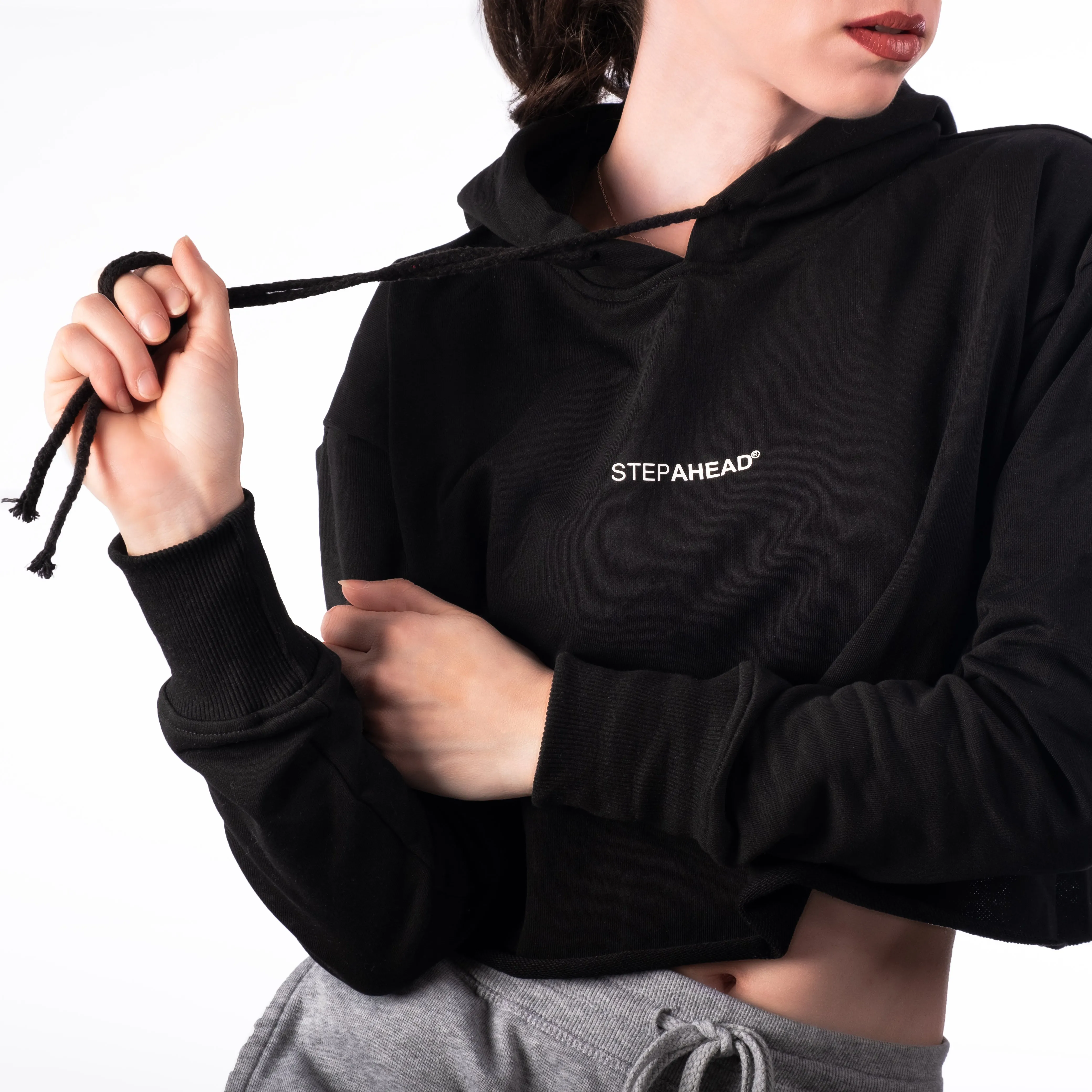 STEP AHEAD Black Pullover Crop Top Hoodie