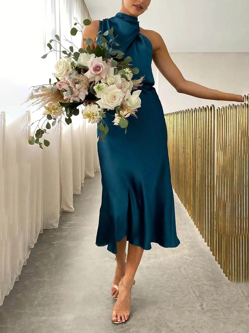 Unique Bridesmaid Sleeveless High Neck Maxi Dresses