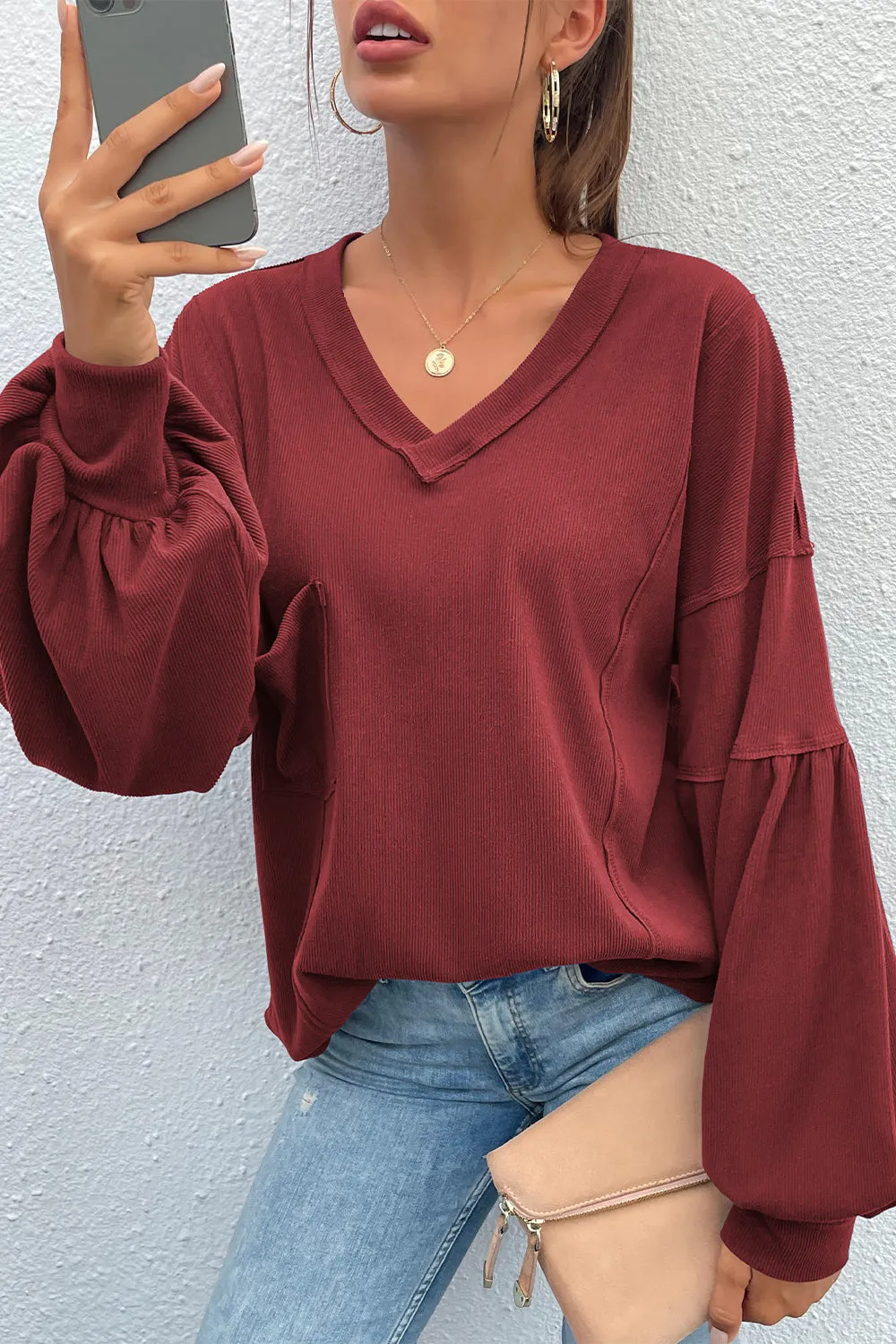 V Neck Tunic Loose Fit Side Slit Ribbed Knit Oversized Blouses