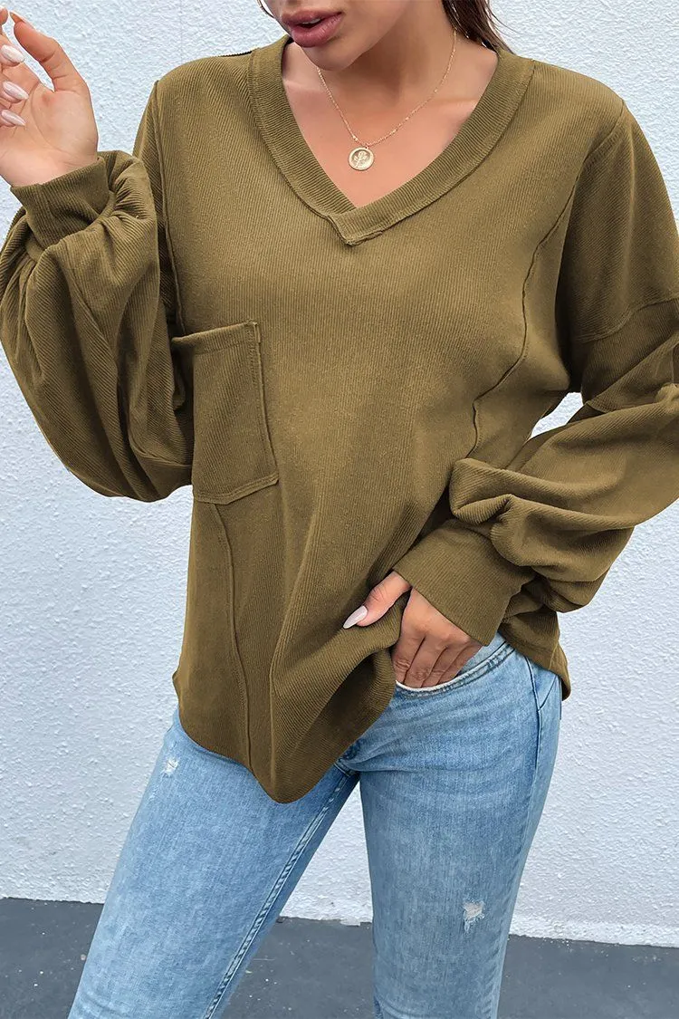 V Neck Tunic Loose Fit Side Slit Ribbed Knit Oversized Blouses