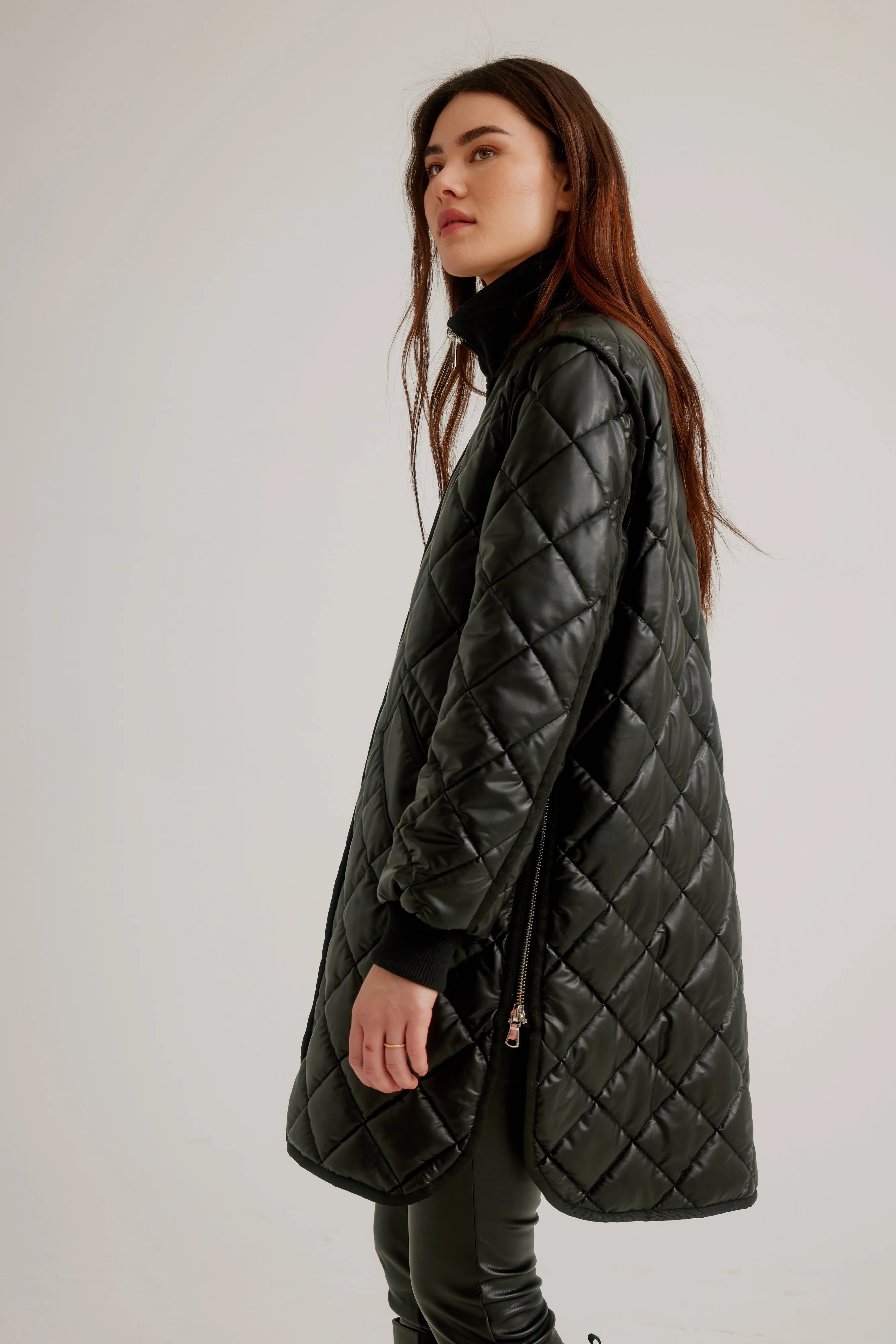 Vegan Leather Zip Front Diamond Quilted Coat