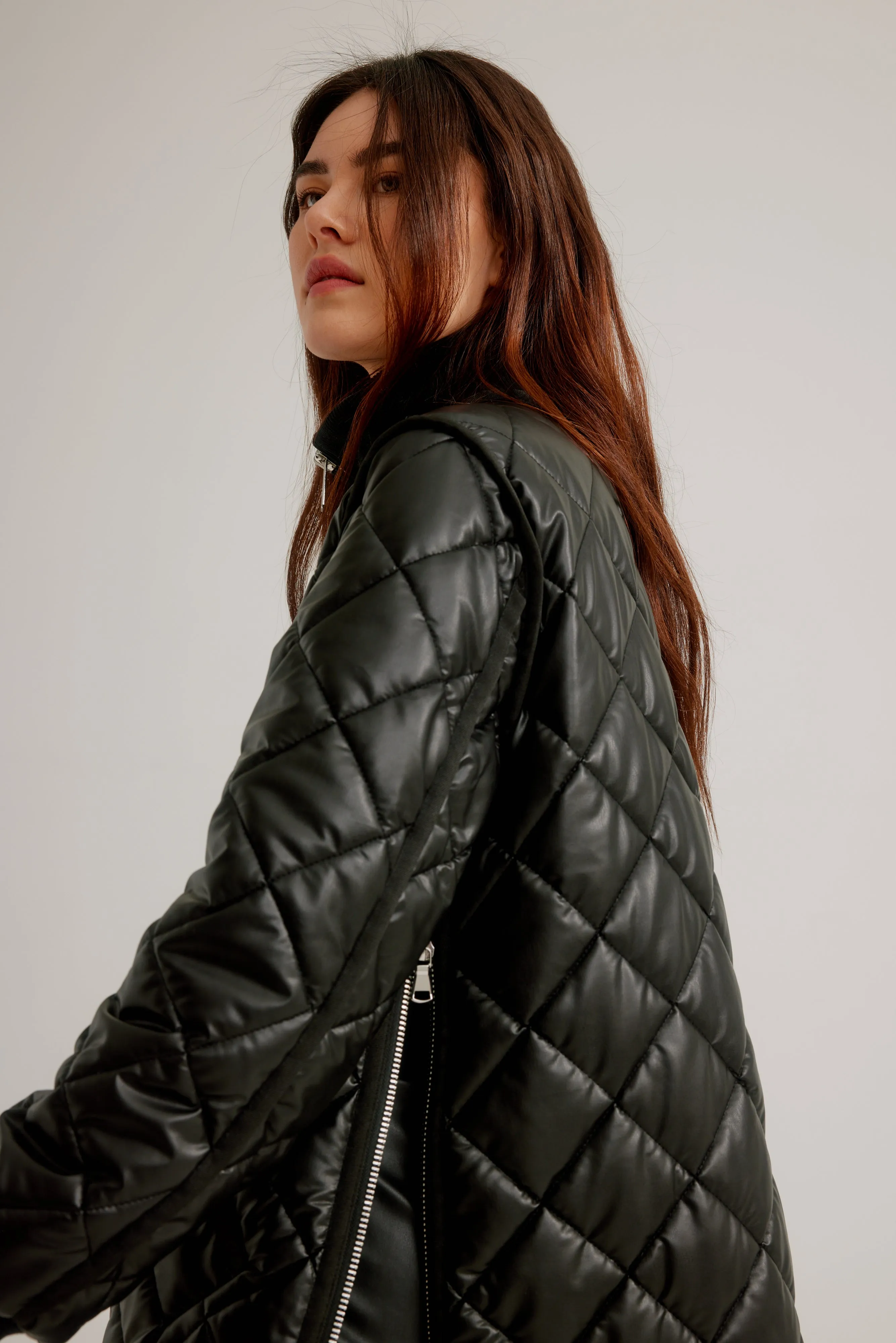 Vegan Leather Zip Front Diamond Quilted Coat