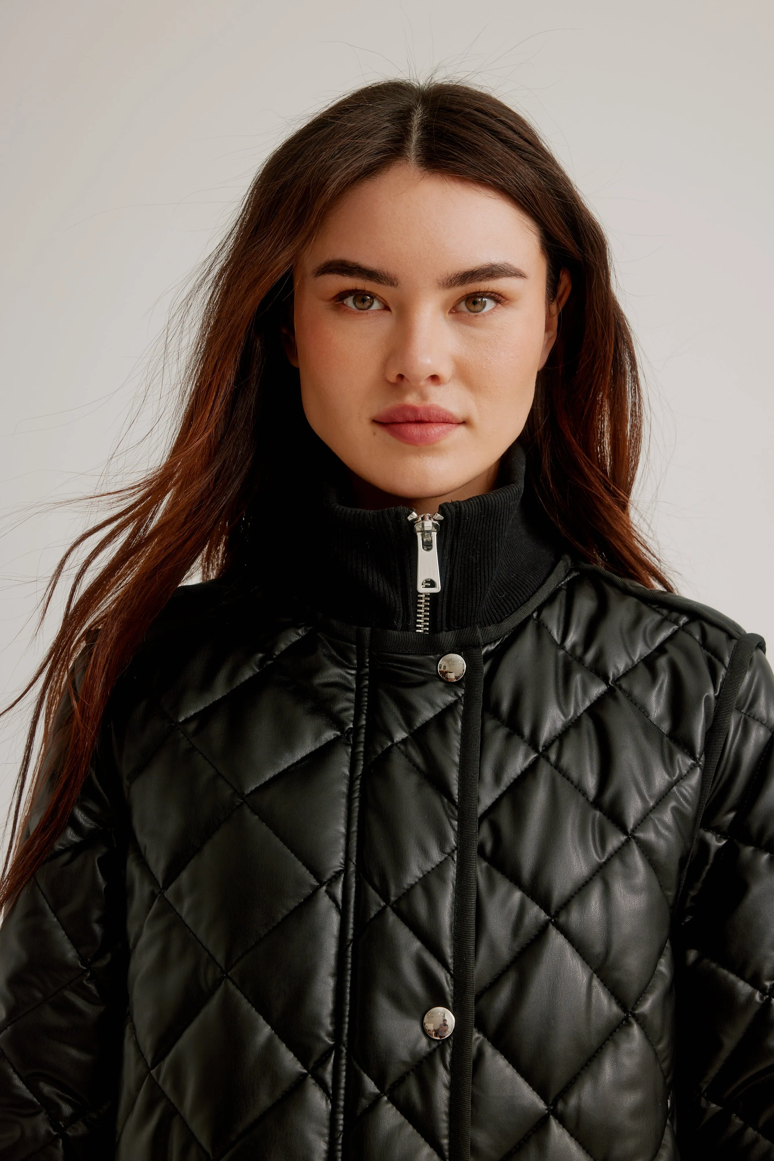 Vegan Leather Zip Front Diamond Quilted Coat