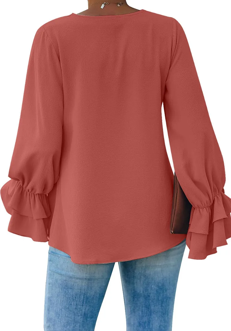 Vetinee Women's V Neck Ruffled Long Bell Sleeve Tops Casual Loose Shirt Blouse