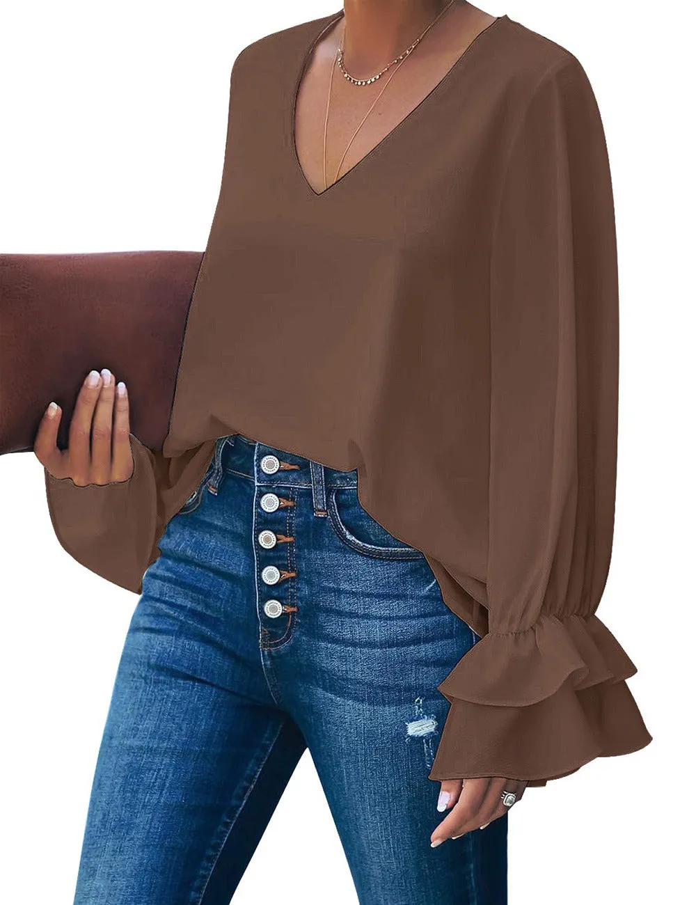 Vetinee Women's V Neck Ruffled Long Bell Sleeve Tops Casual Loose Shirt Blouse