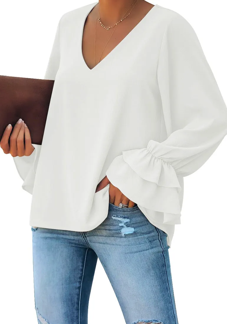 Vetinee Women's V Neck Ruffled Long Bell Sleeve Tops Casual Loose Shirt Blouse