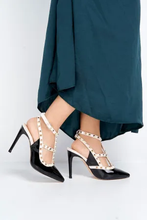 Vienna Studded Anklestrap Heels in Black Patent