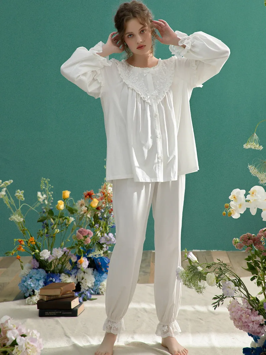 Vintage Soft Cotton Pajamas Sets, Long Sleeve Embroidery Sleepwear