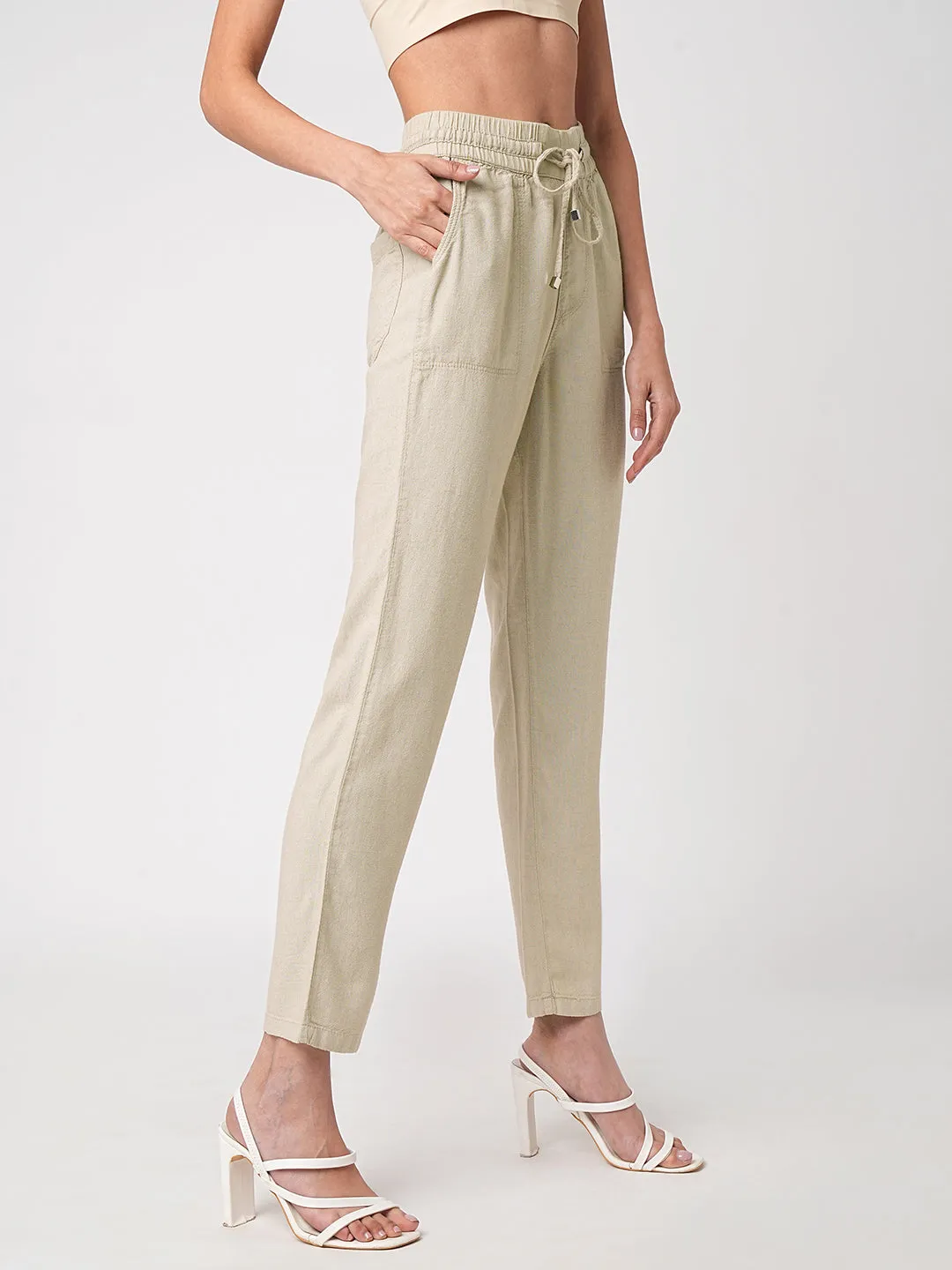 Women Oatmilk High-Rise Paper Bag Pants