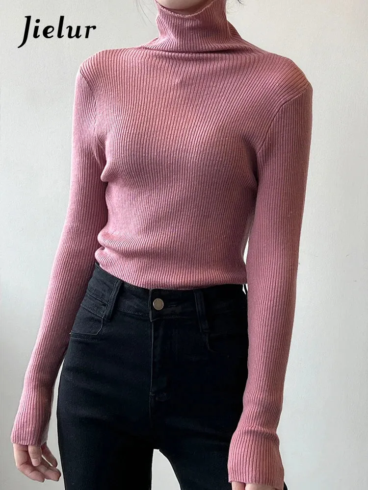 Women Pullover Turtleneck Sweater Autumn Long Sleeve Slim Elastic Korean Sweaters Simple Basic Solid Color Knitted Top