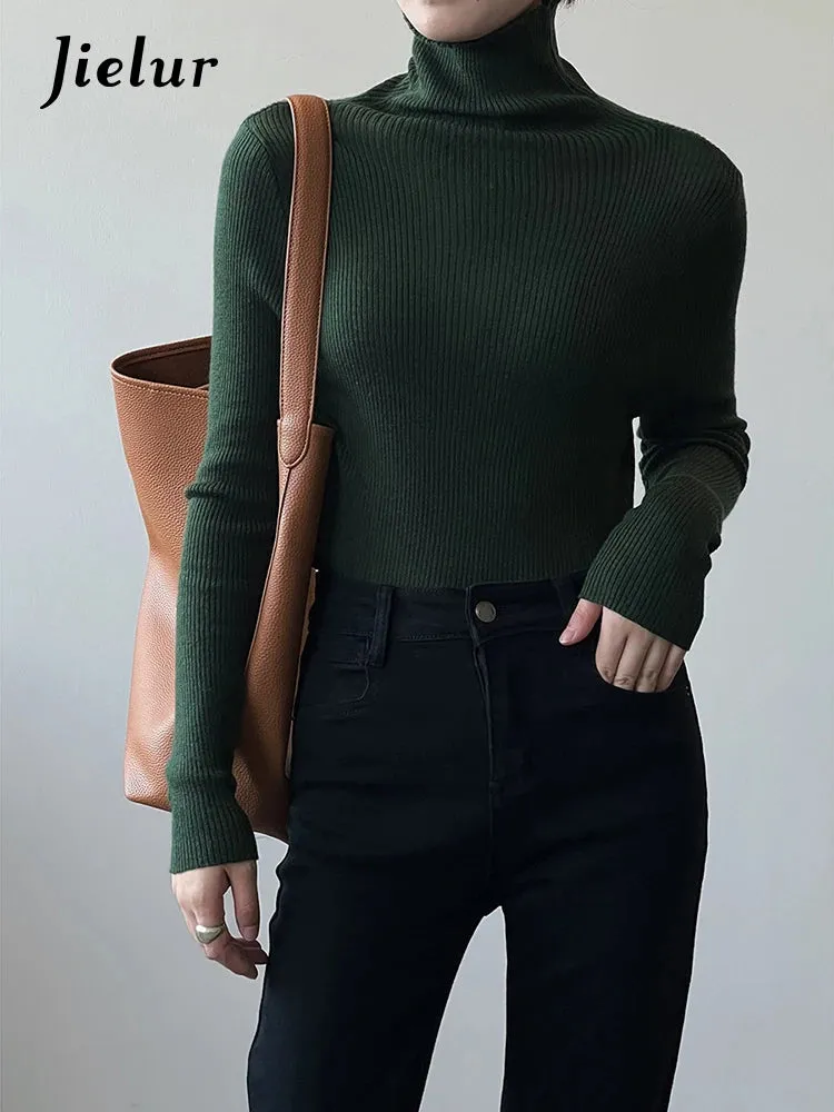 Women Pullover Turtleneck Sweater Autumn Long Sleeve Slim Elastic Korean Sweaters Simple Basic Solid Color Knitted Top