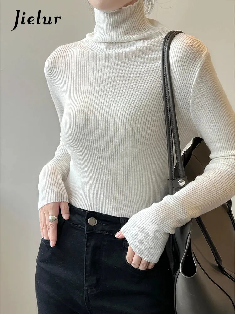 Women Pullover Turtleneck Sweater Autumn Long Sleeve Slim Elastic Korean Sweaters Simple Basic Solid Color Knitted Top