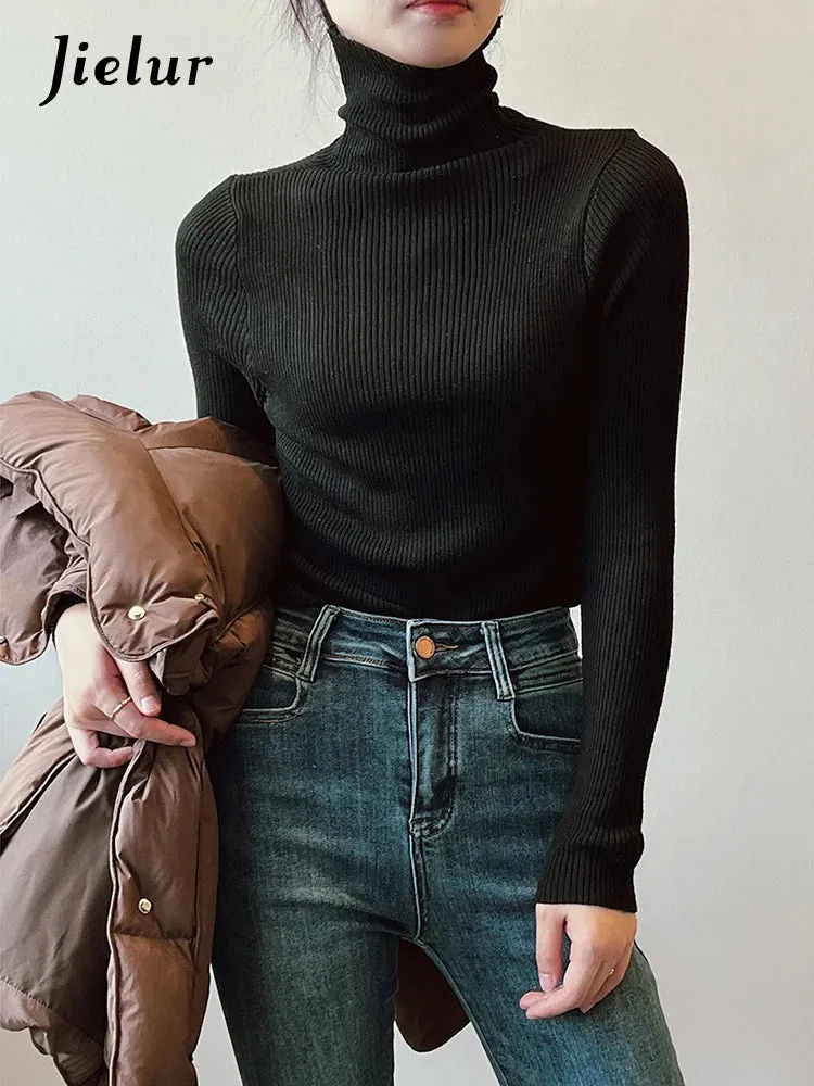 Women Pullover Turtleneck Sweater Autumn Long Sleeve Slim Elastic Korean Sweaters Simple Basic Solid Color Knitted Top