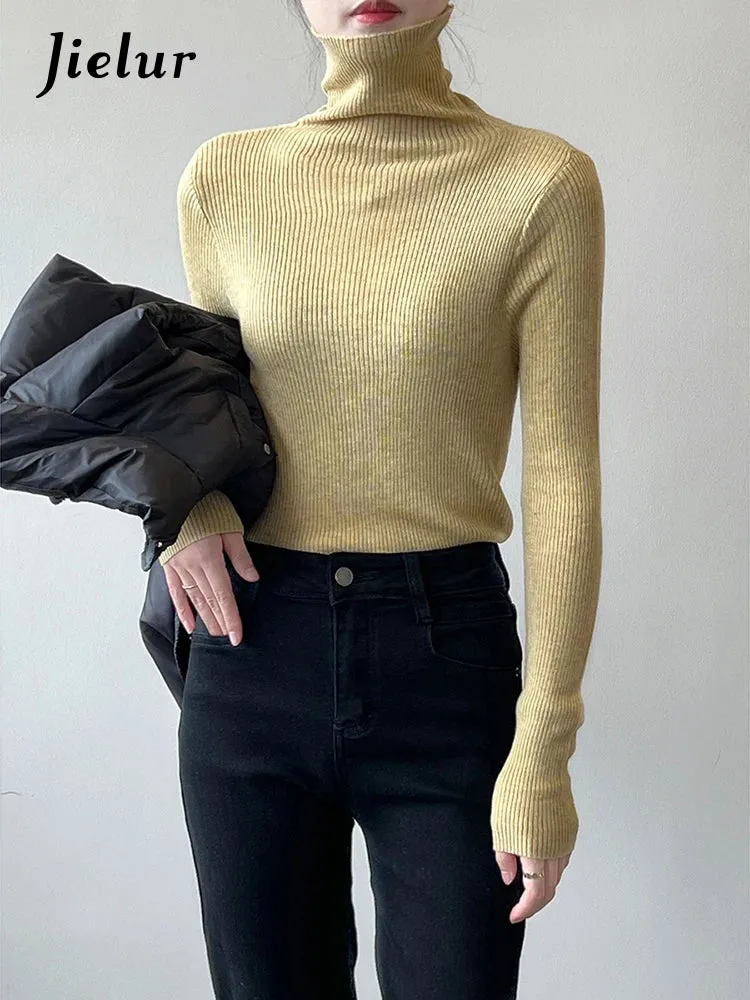 Women Pullover Turtleneck Sweater Autumn Long Sleeve Slim Elastic Korean Sweaters Simple Basic Solid Color Knitted Top