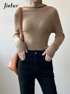 Women Pullover Turtleneck Sweater Autumn Long Sleeve Slim Elastic Korean Sweaters Simple Basic Solid Color Knitted Top