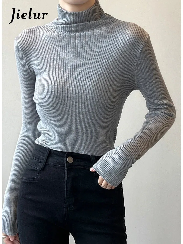 Women Pullover Turtleneck Sweater Autumn Long Sleeve Slim Elastic Korean Sweaters Simple Basic Solid Color Knitted Top